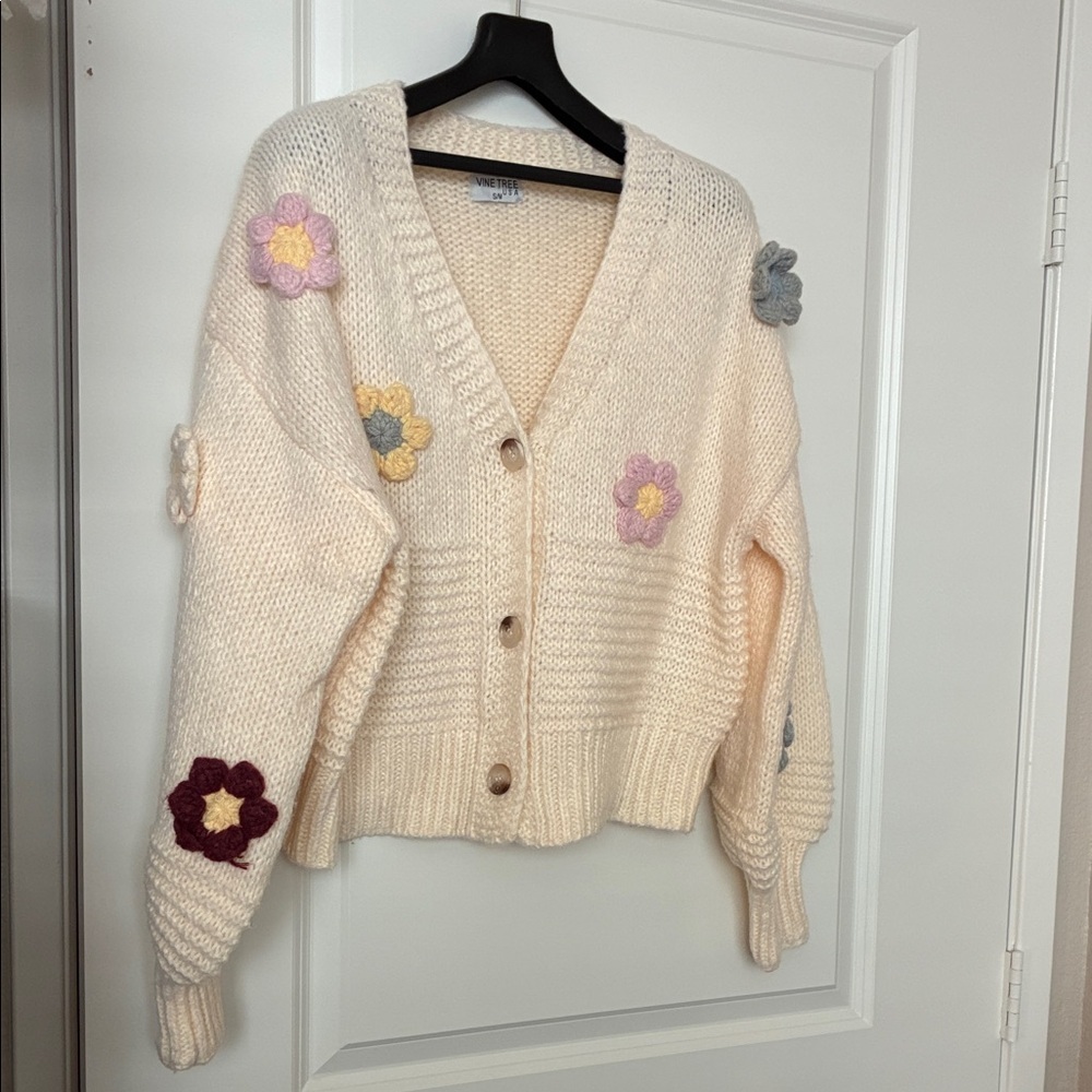 Vine Tree Cream Cardigan with3 D Floral Accents - Picture 2 of 11